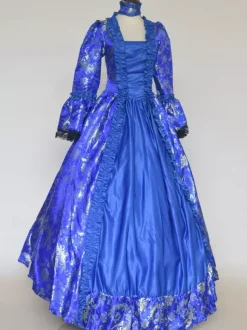 Blue Retro Tudor Dress Costumes Lace Up Satin Fabric Floral Print Choker Marie Antoinette Costume Women's Gothic Set Vintage Clothing