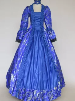 Blue Retro Tudor Dress Costumes Lace Up Satin Fabric Floral Print Choker Marie Antoinette Costume Women's Gothic Set Vintage Clothing