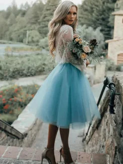 Blue Short Simple Wedding Dress A-Line Designed Neckline Lace Tulle Bridal Gowns Free Customization
