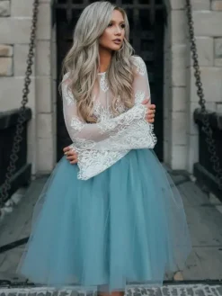 Blue Short Simple Wedding Dress A-Line Designed Neckline Lace Tulle Bridal Gowns Free Customization