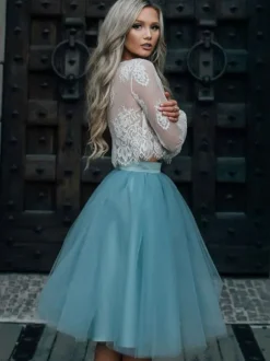 Blue Short Simple Wedding Dress A-Line Designed Neckline Lace Tulle Bridal Gowns Free Customization