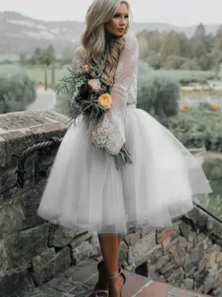 Blue Short Simple Wedding Dress A-Line Designed Neckline Lace Tulle Bridal Gowns Free Customization