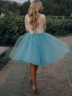Blue Short Simple Wedding Dress A-Line Designed Neckline Lace Tulle Bridal Gowns Free Customization