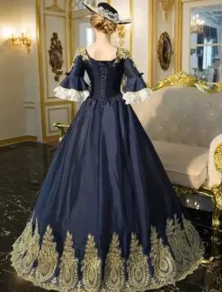 Blue Victorian Rococo Embroidered Bell Sleeve Lace Up Tunic Renaissance Gown Dress
