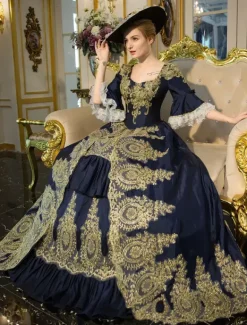 Blue Victorian Rococo Embroidered Bell Sleeve Lace Up Tunic Renaissance Gown Dress