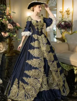 Blue Victorian Rococo Embroidered Bell Sleeve Lace Up Tunic Renaissance Gown Dress