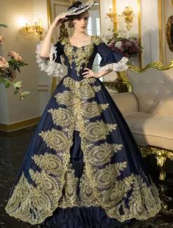 Blue Victorian Rococo Embroidered Bell Sleeve Lace Up Tunic Renaissance Gown Dress