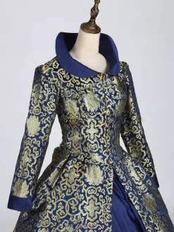 Blue Victoria Rococo Polyester Floral Print Dress Women's Marie Antoinette Costume Retro Tunic