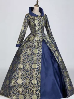 Blue Victoria Rococo Polyester Floral Print Dress Women's Marie Antoinette Costume Retro Tunic