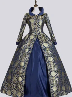 Blue Victoria Rococo Polyester Floral Print Dress Women's Marie Antoinette Costume Retro Tunic