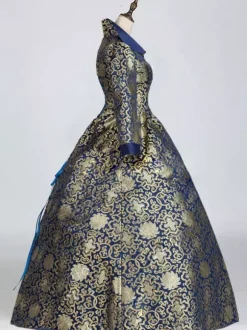Blue Victoria Rococo Polyester Floral Print Dress Women's Marie Antoinette Costume Retro Tunic