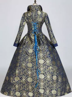 Blue Victoria Rococo Polyester Floral Print Dress Women's Marie Antoinette Costume Retro Tunic
