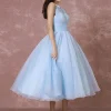 Blue Wedding Dress Short Tulle Vintage Bridal Dress Halter Backless Ball Gown Cocktail Dress Tea-length Party Dress Milanoo