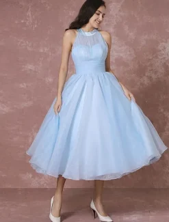 Blue Wedding Dress Short Tulle Vintage Bridal Dress Halter Backless Ball Gown Cocktail Dress Tea-length Party Dress Milanoo