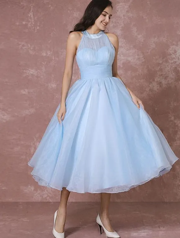 Blue Wedding Dress Short Tulle Vintage Bridal Dress Halter Backless Ball Gown Cocktail Dress Tea-length Party Dress Milanoo