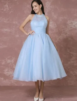 Blue Wedding Dress Short Tulle Vintage Bridal Dress Halter Backless Ball Gown Cocktail Dress Tea-length Party Dress Milanoo