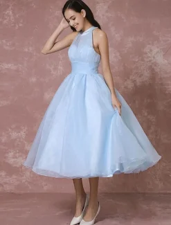 Blue Wedding Dress Short Tulle Vintage Bridal Dress Halter Backless Ball Gown Cocktail Dress Tea-length Party Dress Milanoo
