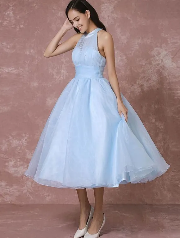 Blue Wedding Dress Short Tulle Vintage Bridal Dress Halter Backless Ball Gown Cocktail Dress Tea-length Party Dress Milanoo