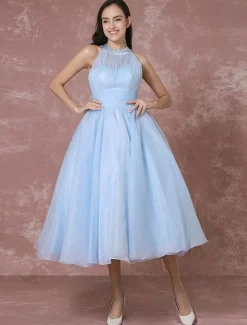 Blue Wedding Dress Short Tulle Vintage Bridal Dress Halter Backless Ball Gown Cocktail Dress Tea-length Party Dress Milanoo