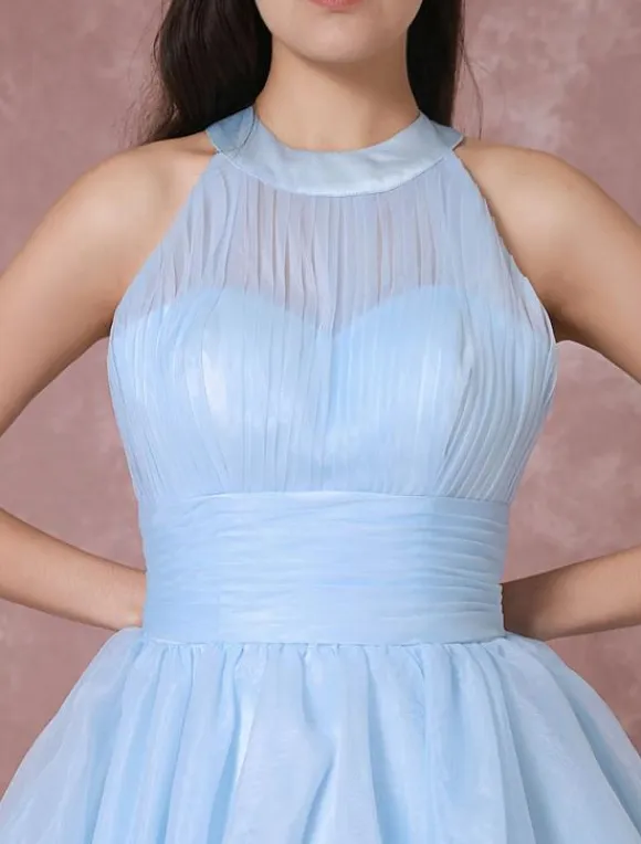 Blue Wedding Dress Short Tulle Vintage Bridal Dress Halter Backless Ball Gown Cocktail Dress Tea-length Party Dress Milanoo