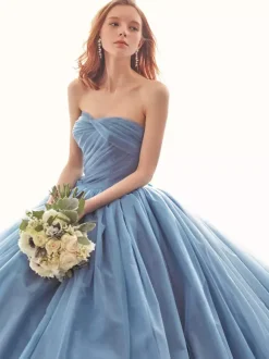Blue Wedding Dress With Train Strapless Sleeveless Lace Up Long Tulle Bridal Gowns Free Customization