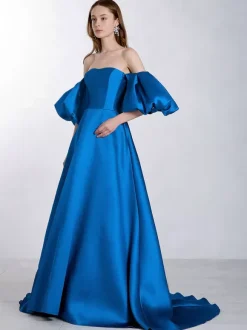 Blue Wedding Dress With Train Strapless Short Sleeves Lace Up Satin Fabric A-Line Long Bridal Gowns Free Customization