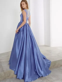 Blue Wedding Dress With Train Strapless Sleeveless Lace Satin Fabric A Line Bridal Gowns Free Customization