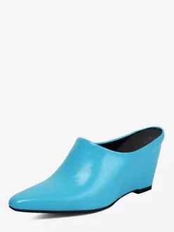 Blue Women's Wedges Pointed Toe Slip On Mules