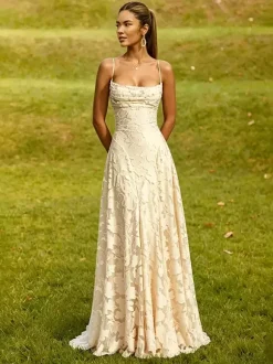 Blush Pink Floral Lace Maxi Dress Strapless Tube Top Criss Cross Lace Up Open Back Wedding Guest Bridesmaid Gown