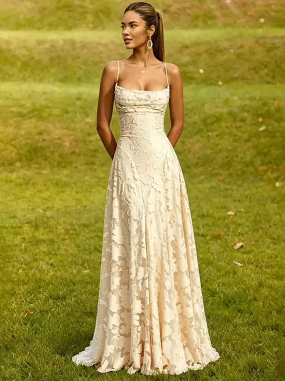 Blush Pink Floral Lace Maxi Dress Strapless Tube Top Criss Cross Lace Up Open Back Wedding Guest Bridesmaid Gown