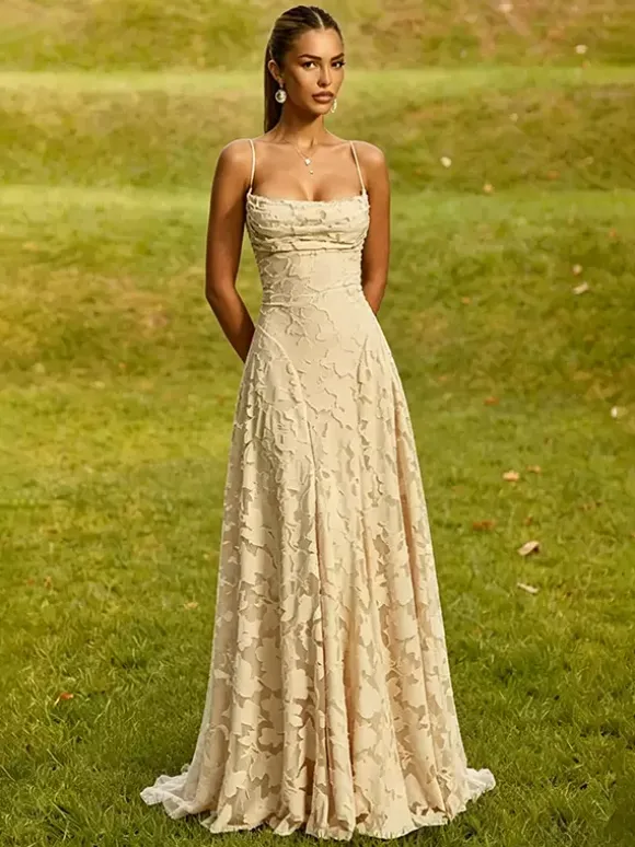 Blush Pink Floral Lace Maxi Dress Strapless Tube Top Criss Cross Lace Up Open Back Wedding Guest Bridesmaid Gown