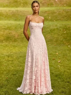 Blush Pink Floral Lace Maxi Dress Strapless Tube Top Criss Cross Lace Up Open Back Wedding Guest Bridesmaid Gown
