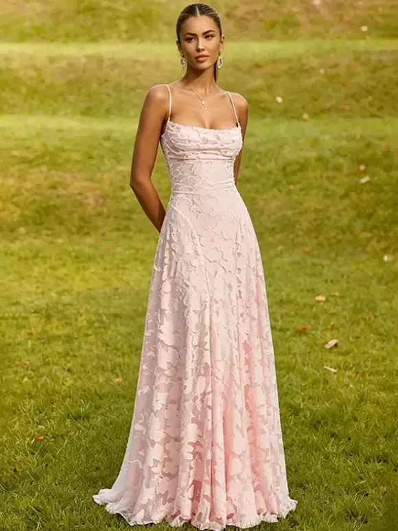 Blush Pink Floral Lace Maxi Dress Strapless Tube Top Criss Cross Lace Up Open Back Wedding Guest Bridesmaid Gown