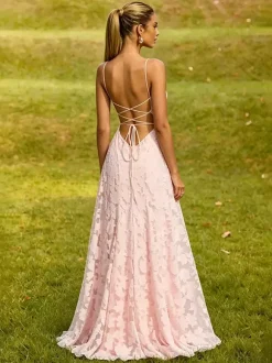 Blush Pink Floral Lace Maxi Dress Strapless Tube Top Criss Cross Lace Up Open Back Wedding Guest Bridesmaid Gown