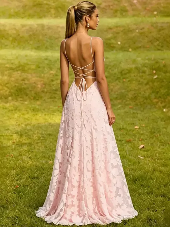 Blush Pink Floral Lace Maxi Dress Strapless Tube Top Criss Cross Lace Up Open Back Wedding Guest Bridesmaid Gown