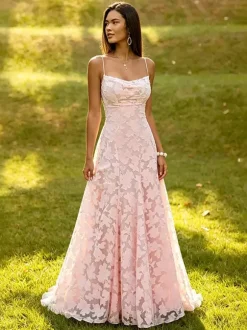 Blush Pink Floral Lace Maxi Dress Strapless Tube Top Criss Cross Lace Up Open Back Wedding Guest Bridesmaid Gown