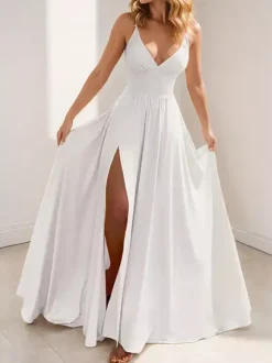 Blush Pink V Neck Sling Maxi Dress With High Slit For Women