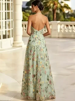 Blush Floral Embroidery Halter Bridesmaid Dress Open Back A Line Tulle Long Wedding Guest Gown