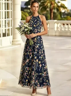 Blush Floral Embroidery Halter Bridesmaid Dress Open Back A Line Tulle Long Wedding Guest Gown