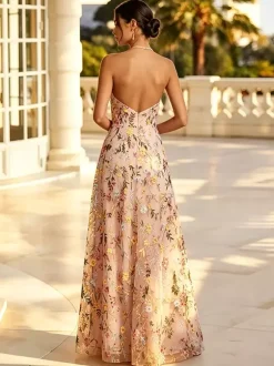 Blush Floral Embroidery Halter Bridesmaid Dress Open Back A Line Tulle Long Wedding Guest Gown