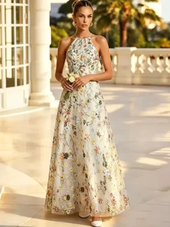 Blush Floral Embroidery Halter Bridesmaid Dress Open Back A Line Tulle Long Wedding Guest Gown