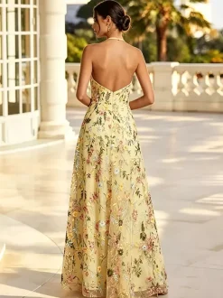 Blush Floral Embroidery Halter Bridesmaid Dress Open Back A Line Tulle Long Wedding Guest Gown