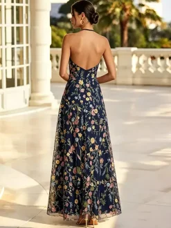 Blush Floral Embroidery Halter Bridesmaid Dress Open Back A Line Tulle Long Wedding Guest Gown