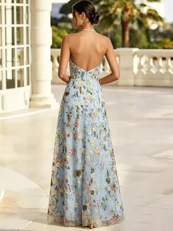 Blush Floral Embroidery Halter Bridesmaid Dress Open Back A Line Tulle Long Wedding Guest Gown