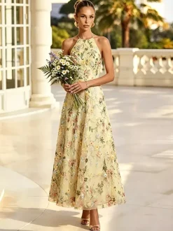 Blush Floral Embroidery Halter Bridesmaid Dress Open Back A Line Tulle Long Wedding Guest Gown
