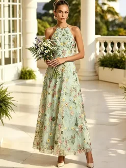 Blush Floral Embroidery Halter Bridesmaid Dress Open Back A Line Tulle Long Wedding Guest Gown