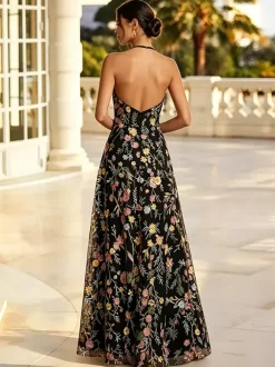 Blush Floral Embroidery Halter Bridesmaid Dress Open Back A Line Tulle Long Wedding Guest Gown