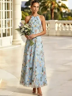 Blush Floral Embroidery Halter Bridesmaid Dress Open Back A Line Tulle Long Wedding Guest Gown