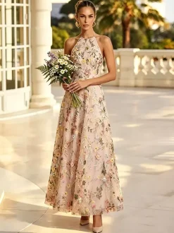Blush Floral Embroidery Halter Bridesmaid Dress Open Back A Line Tulle Long Wedding Guest Gown