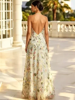 Blush Floral Embroidery Halter Bridesmaid Dress Open Back A Line Tulle Long Wedding Guest Gown
